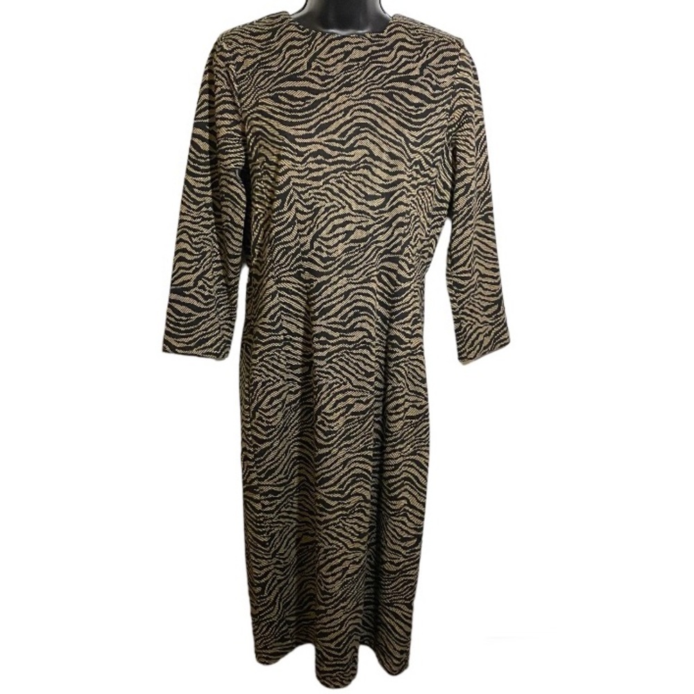 Elie Tahari Dress Zebra Print Black Tan Bracelet Sleeve Crew Neck Women’s Size 8